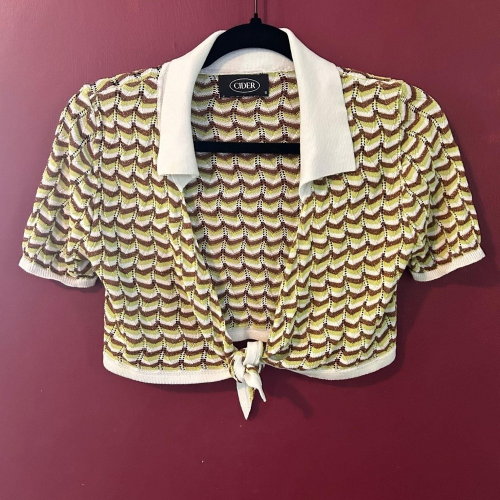 Cider Top Women S Green Chevron Knit Tie Front Crop Cardigan Retro Metallic